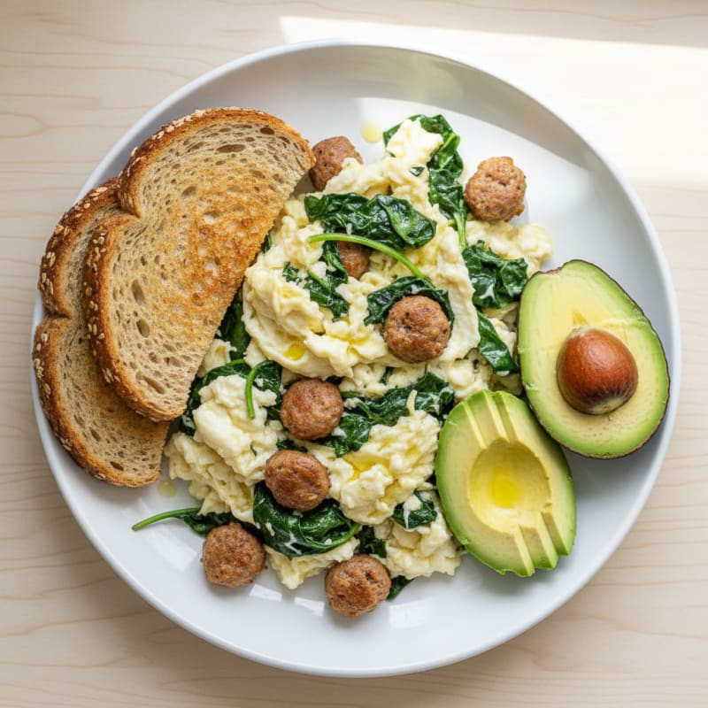 Egg White and Spinach Scramble with Turkey Sausage