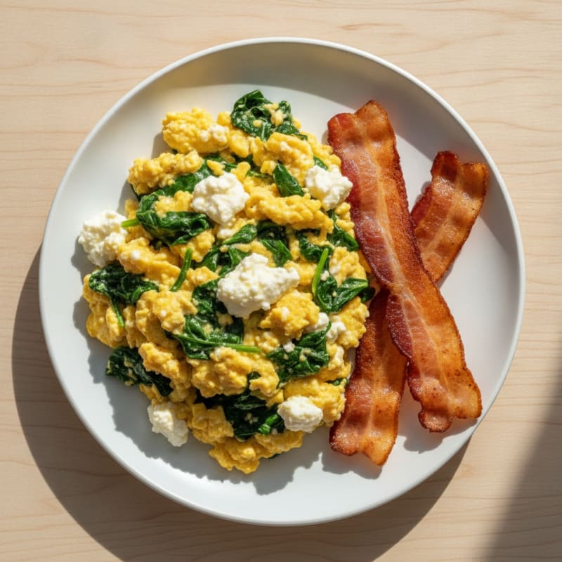 Cottage Cheese Egg Scramble with Sautéed Spinach and Turkey Bacon