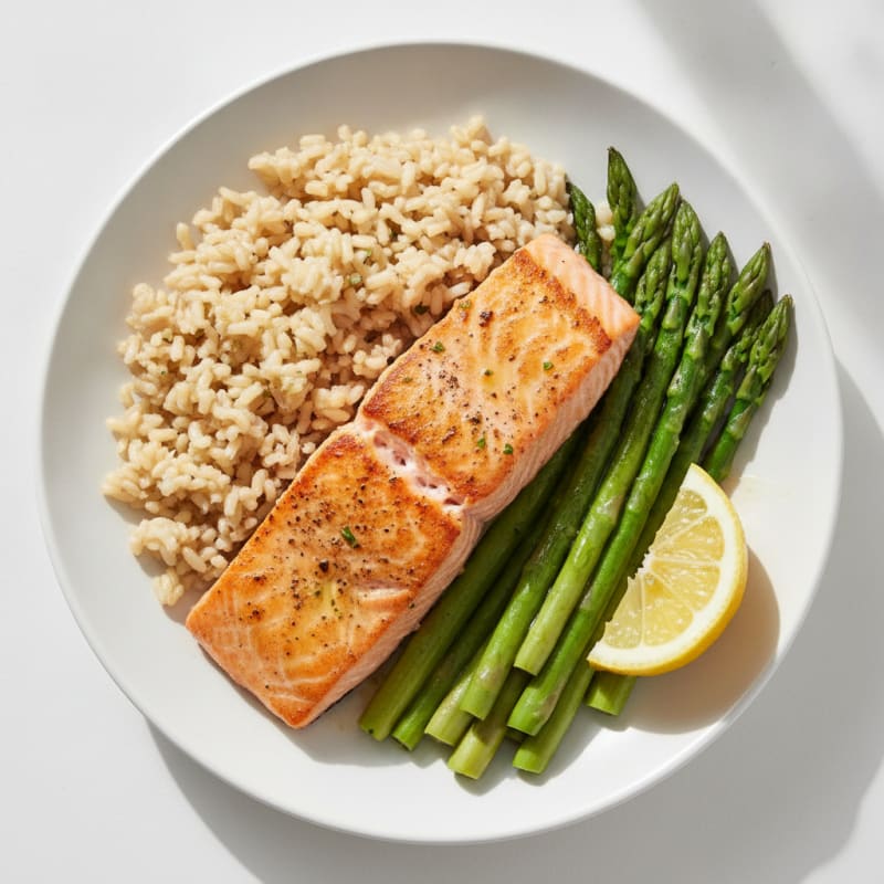 Seared Salmon with Steamed Asparagus and Brown Rice