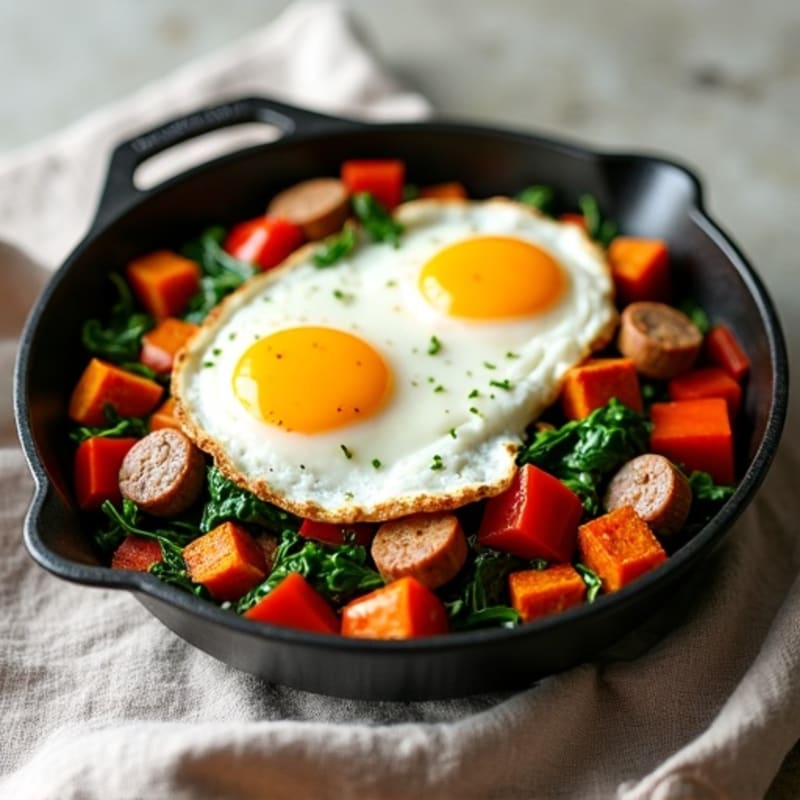 Crispy Sweet Potato and Turkey Sausage Skillet with Eggs