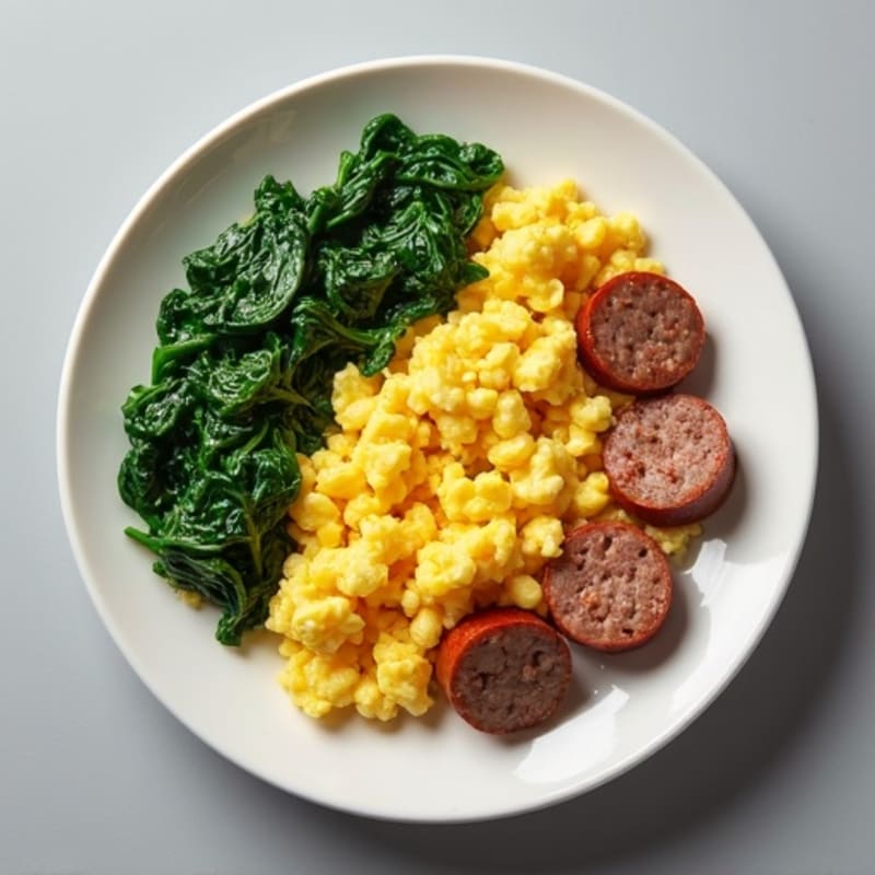 Egg White and Turkey Sausage Scramble with Sautéed Spinach