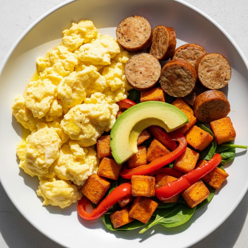 Creamy Scrambled Eggs with Chicken Sausage and Roasted Sweet Potatoes