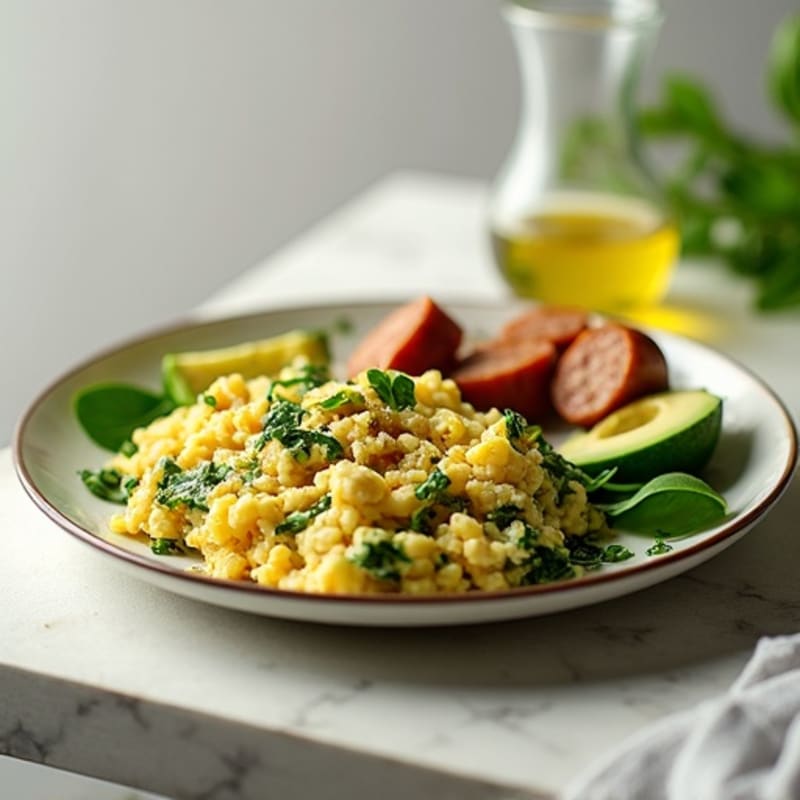 Egg White Spinach Scramble with Turkey Sausage and Sliced Avocado
