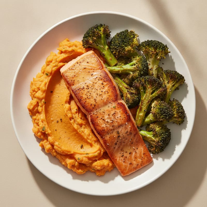 Pan-Seared Salmon with Roasted Broccoli and Sweet Potato Mash