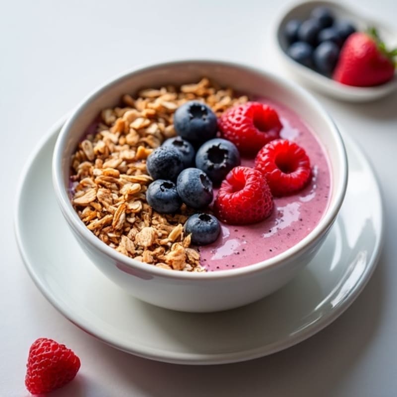 Creamy Vanilla-Raspberry Protein Smoothie Bowl with Fresh Berries and Granola
