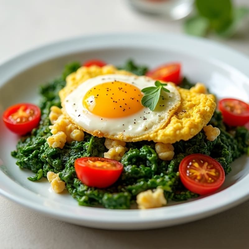 Cottage Cheese Egg Scramble with Sautéed Spinach and Cherry Tomatoes