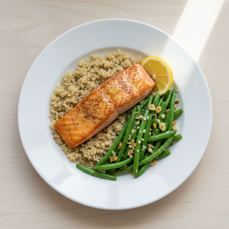 Seared Salmon with Garlic Green Beans and Quinoa