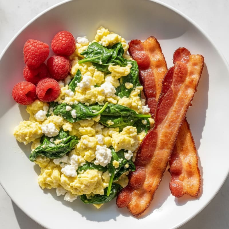 Cottage Cheese Egg Scramble with Spinach and Turkey Bacon