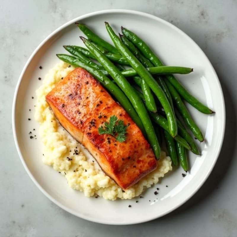 Seared Salmon with Steamed Green Beans and Cauliflower Mash