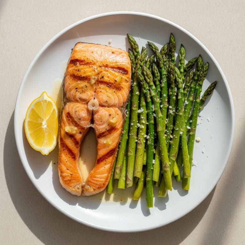 Seared Salmon Fillet with Roasted Asparagus and Lemon