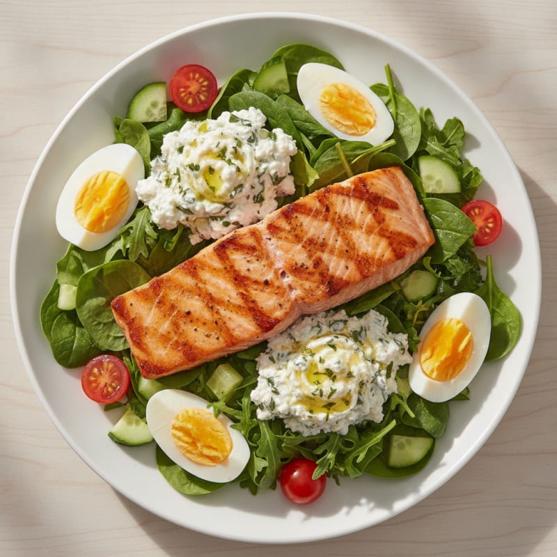 Grilled Salmon Salad with Mixed Greens and Hard-Boiled Eggs