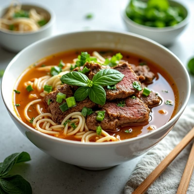 Aromatic Beef and Rice Noodle Soup with Fresh Herbs
