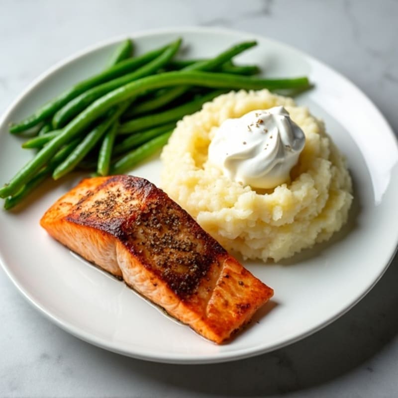 Seared Salmon with Steamed Green Beans and Garlic Mashed Potatoes