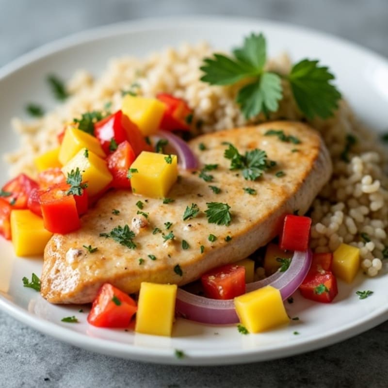 Creamy Coconut Chicken with Fresh Mango Salsa and Fluffy Brown Rice