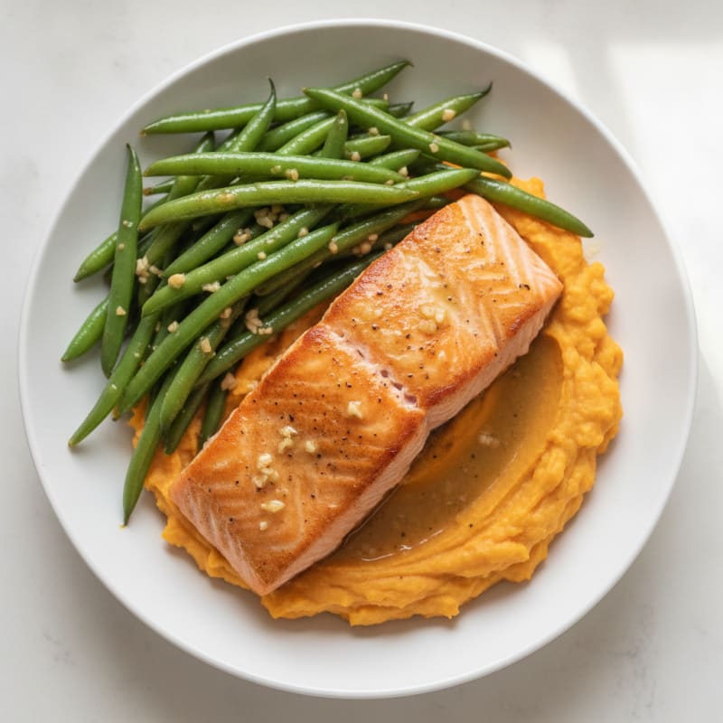 Pan-Seared Salmon with Garlic Green Beans and Sweet Potato Mash