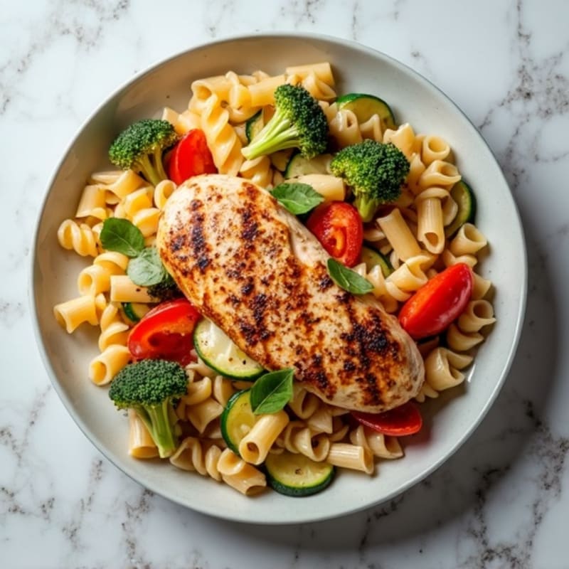 Spicy Chicken with Creamy Pasta and Roasted Vegetables