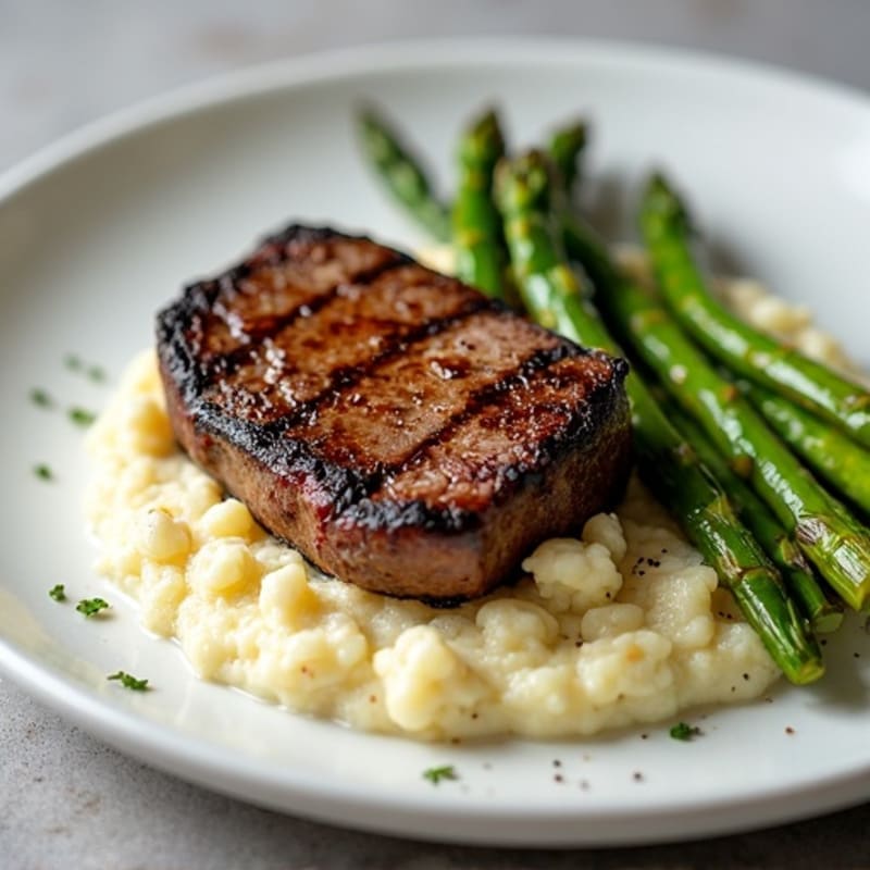 Pan-Seared Steak with Creamy Cauliflower Mash and Roasted Asparagus