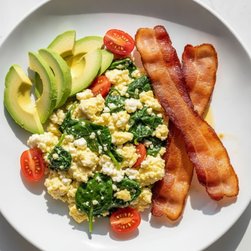 Cottage Cheese Scramble with Spinach and Turkey Bacon