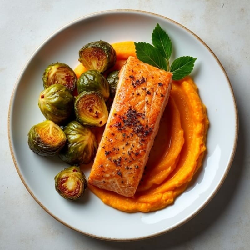 Crispy Salmon with Caramelized Brussels Sprouts and Creamy Sweet Potato Puree
