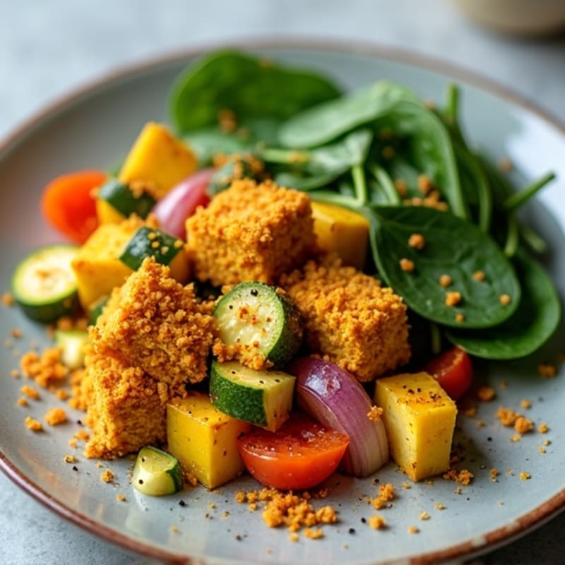 Crispy Turmeric-Spiced Tofu Scramble with Roasted Vegetables