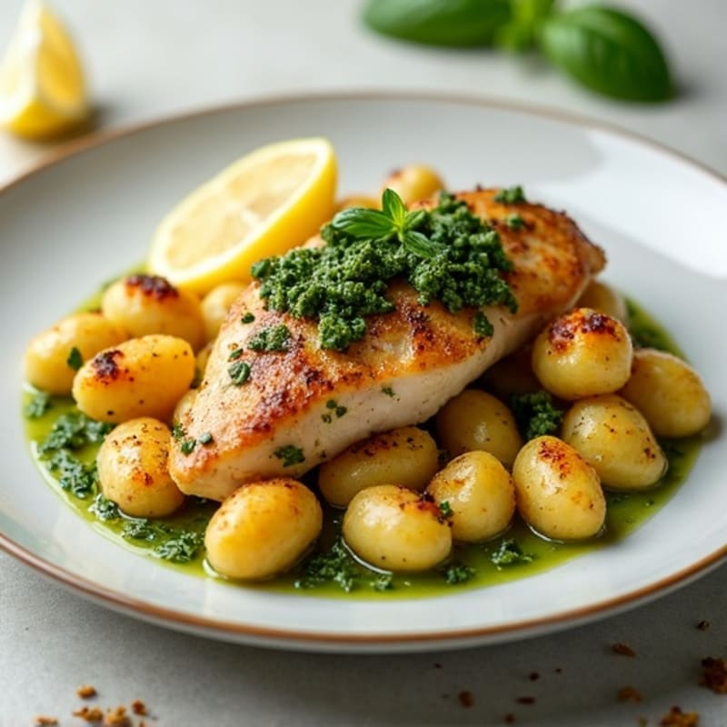 Lemon-Herb Chicken with Crispy Gnocchi and Fresh Basil Pesto