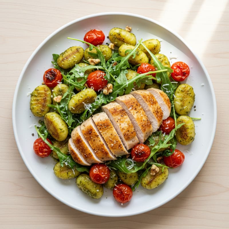 Gnocchi with Arugula Pesto and Cherry Tomatoes