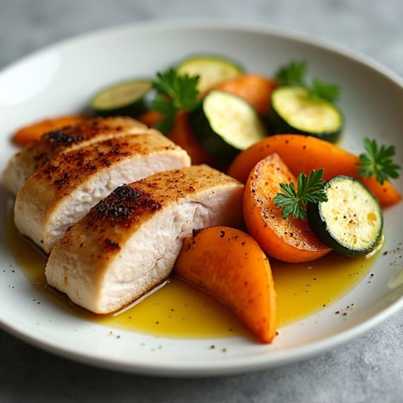 Seared Turkey Breast with Roasted Zucchini and Sweet Potato