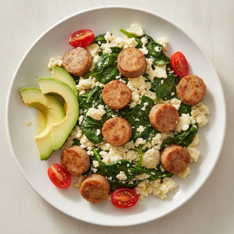 Egg White Scramble with Turkey Sausage and Sautéed Spinach