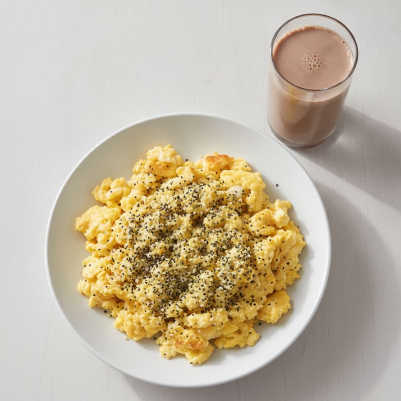 Scrambled Eggs with Chia Hemp Seed Sprinkle and Core Power Protein Shake