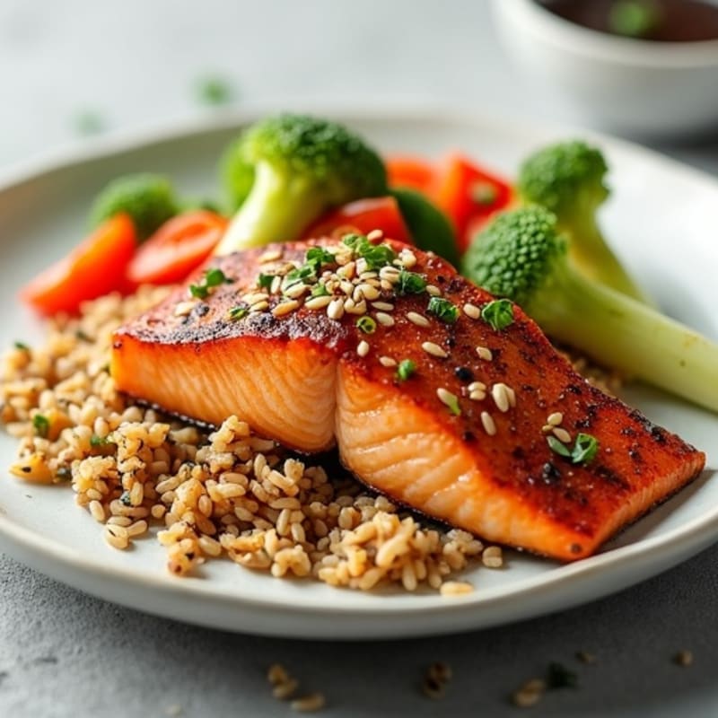 Sesame-Ginger Seared Salmon with Brown Rice and Fresh Vegetables