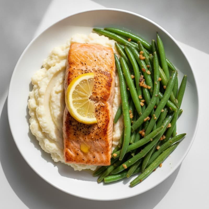 Seared Salmon Fillet with Garlic Green Beans and Cauliflower Mash