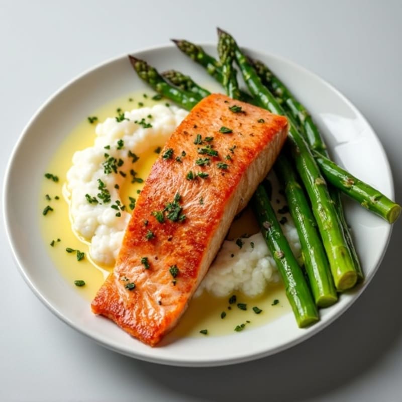 Seared Salmon with Steamed Asparagus and Cauliflower Mash