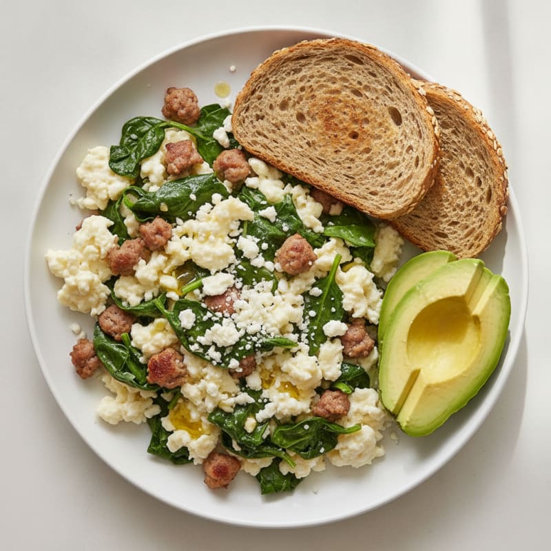 Egg White and Turkey Sausage Scramble with Spinach and Feta