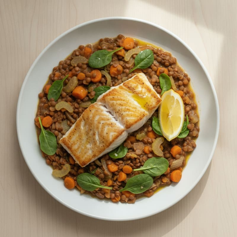 Seared Codfish with Lentil and Vegetable Stew