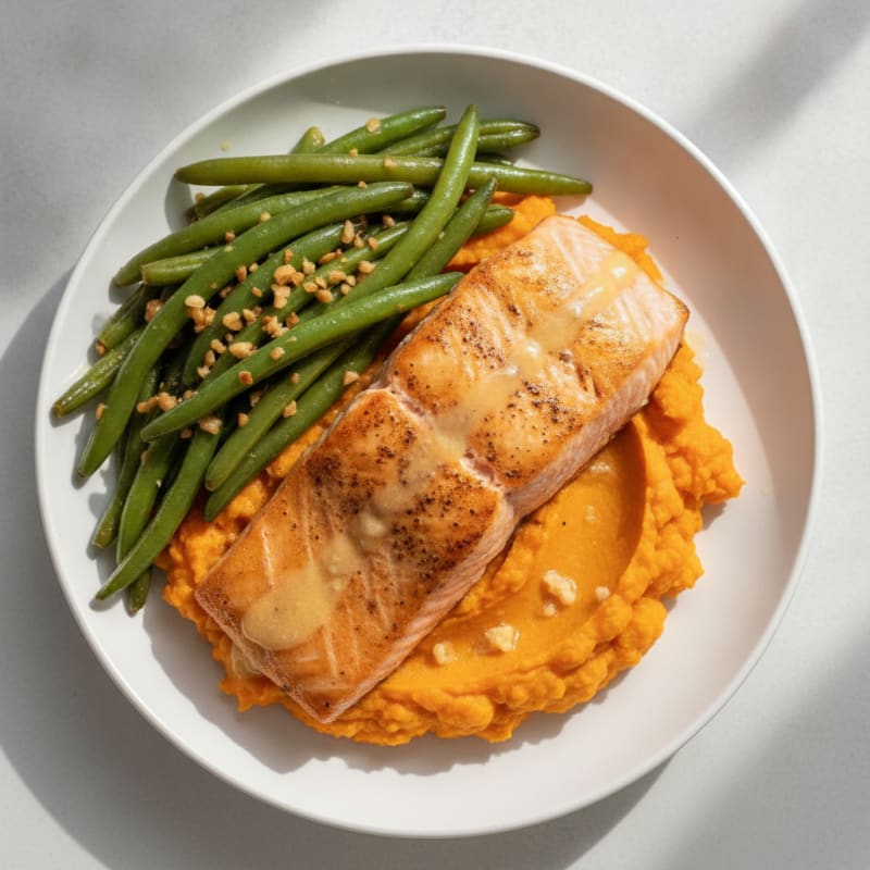 Baked Salmon with Garlic Green Beans and Sweet Potato Mash