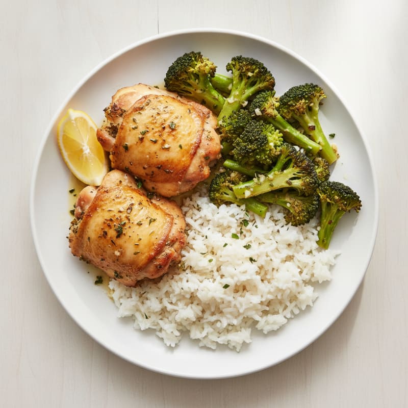 Roasted Chicken Thighs with Garlic Broccoli and Jasmine Rice