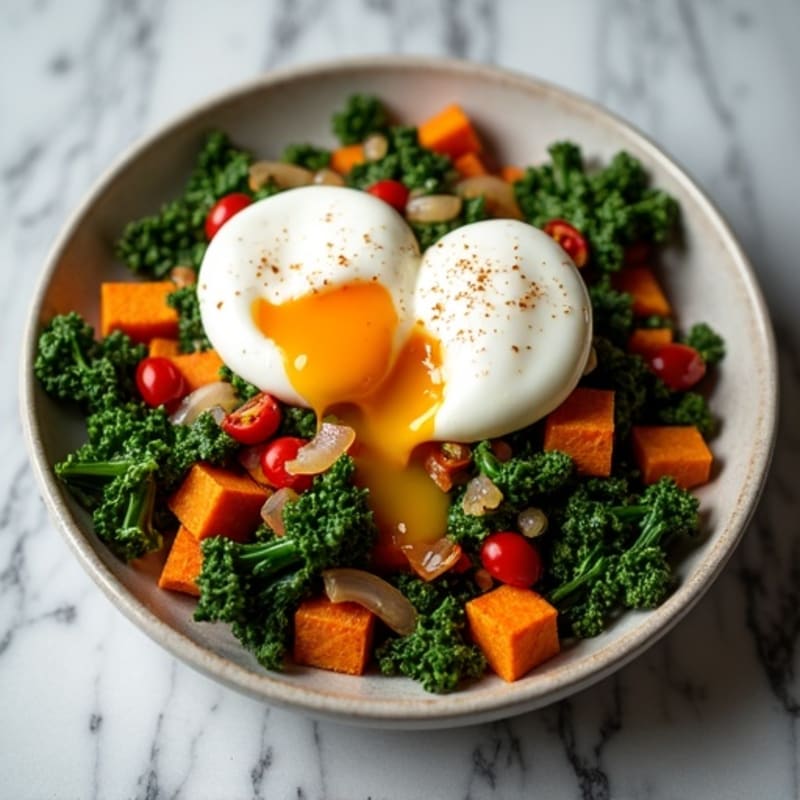Crispy Sweet Potato and Kale Hash with Poached Eggs