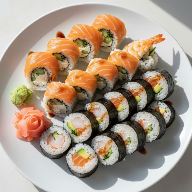 Assorted Fresh Sushi Rolls with Wasabi