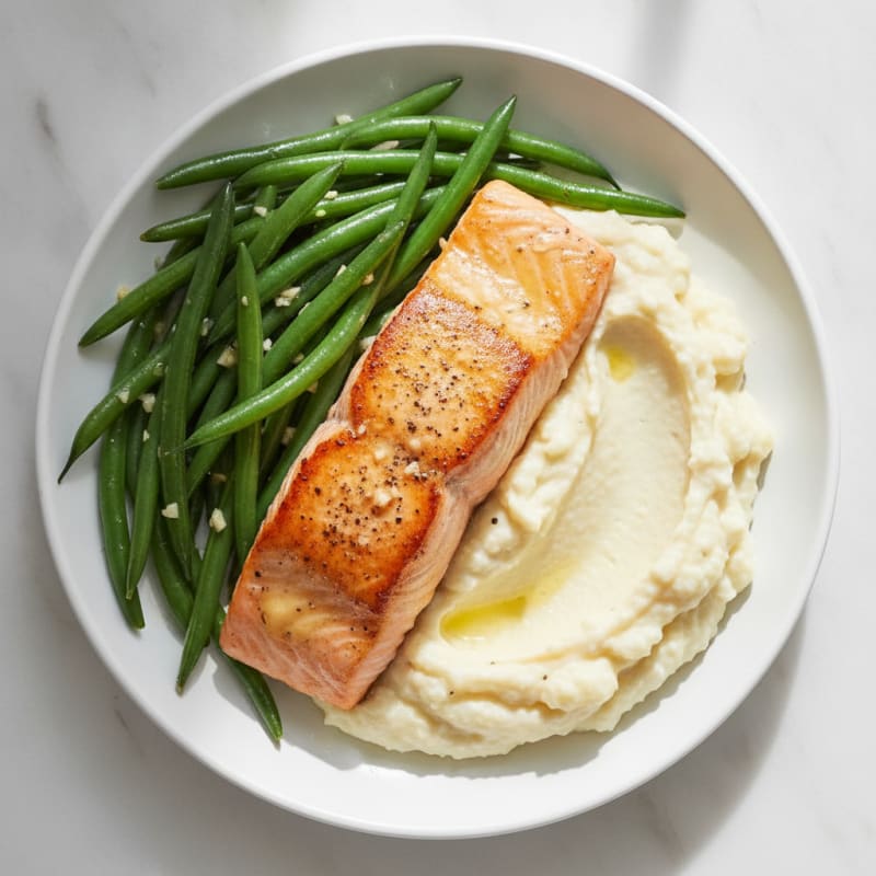 Seared Salmon Fillet with Garlic Green Beans and Cauliflower Mash