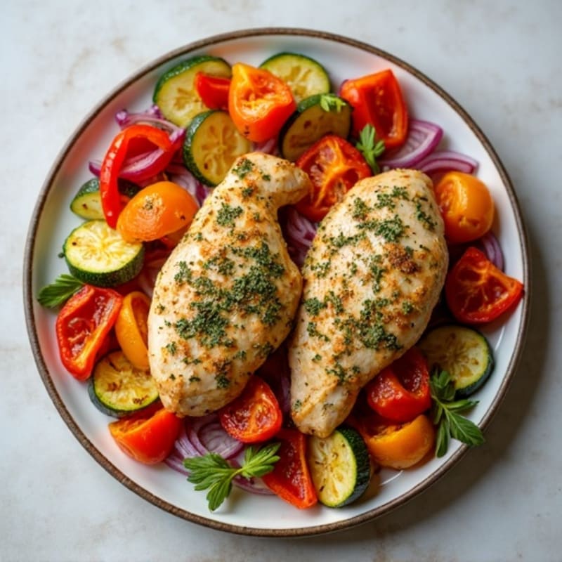 Herb-Crusted Sheet Pan Chicken with Roasted Rainbow Vegetables
