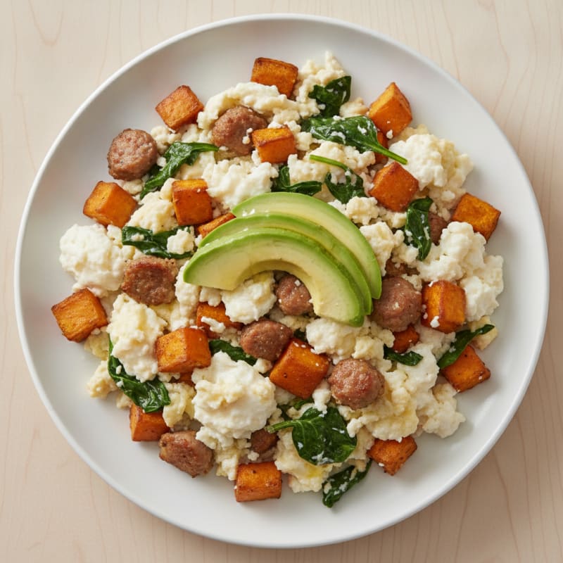 Egg White and Sweet Potato Scramble with Spinach and Turkey Sausage