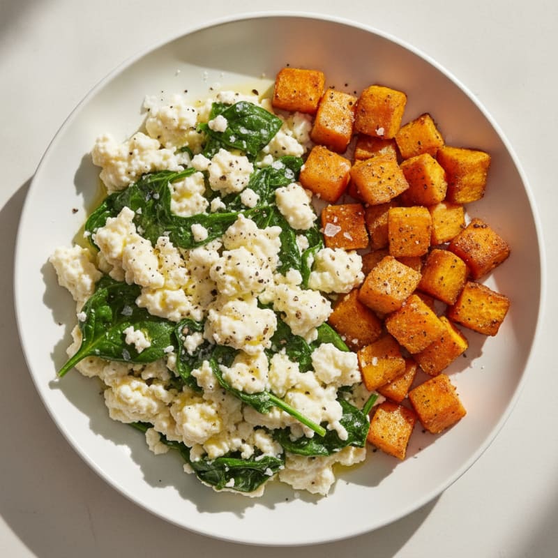 Egg White and Cottage Cheese Scramble with Spinach and Roasted Sweet Potato