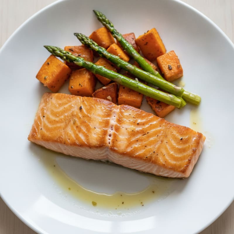 Seared Salmon with Roasted Sweet Potato and Asparagus