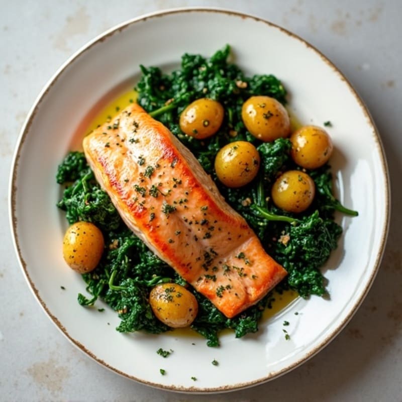 Seared Salmon Fillet with Garlic Spinach and Herb-Roasted Baby Potatoes