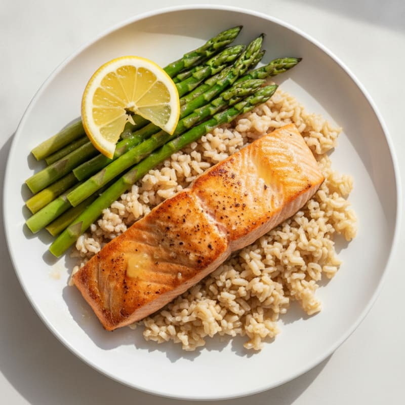 Seared Salmon Fillet with Steamed Asparagus and Brown Rice
