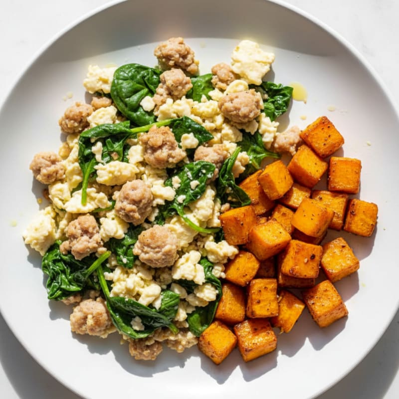 Egg White and Turkey Sausage Scramble with Spinach and Roasted Sweet Potato