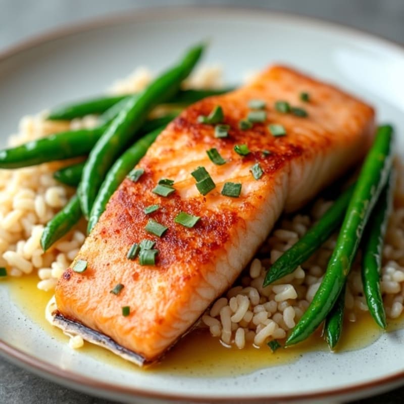 Seared Salmon with Steamed Green Beans and Brown Rice
