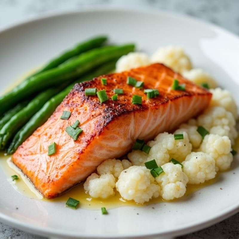 Seared Salmon with Steamed Green Beans and Garlic Mashed Cauliflower