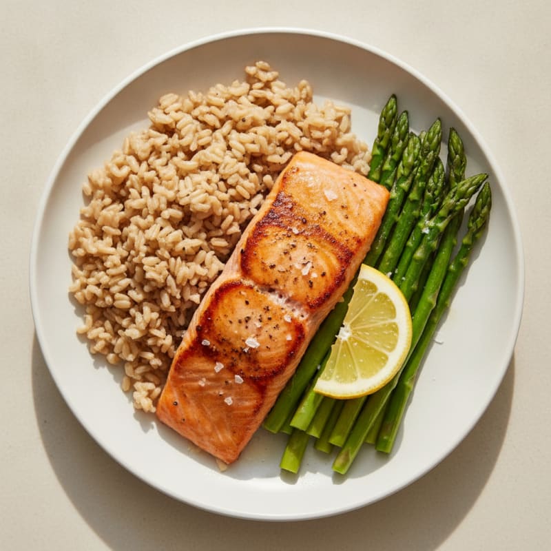 Seared Salmon Fillet with Steamed Asparagus and Brown Rice