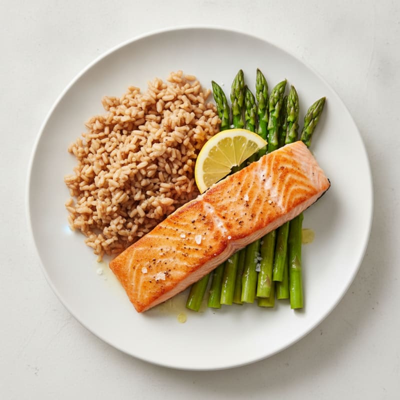 Seared Salmon with Steamed Asparagus and Brown Rice